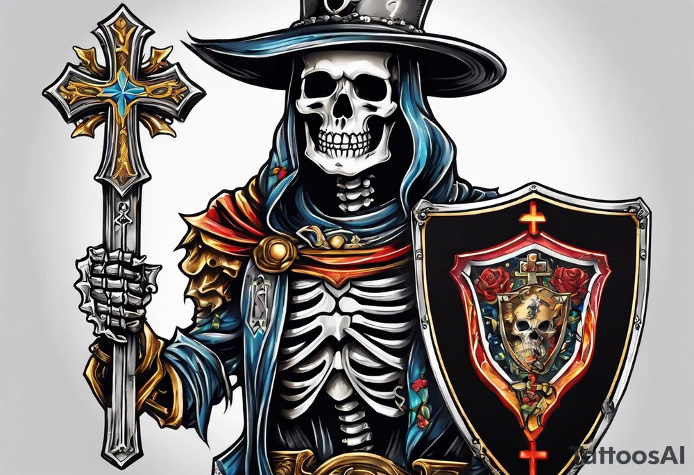 skeleton holding a shield with a cross on it tattoo idea