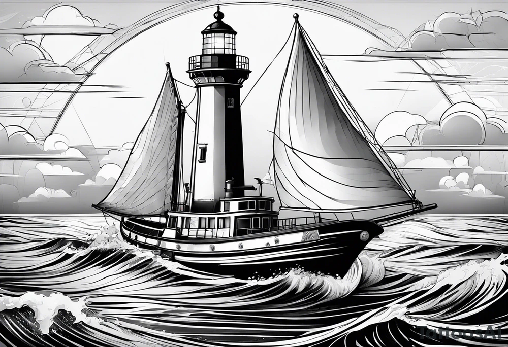 phare maritime dans un bateau a voiles. tattoo idea