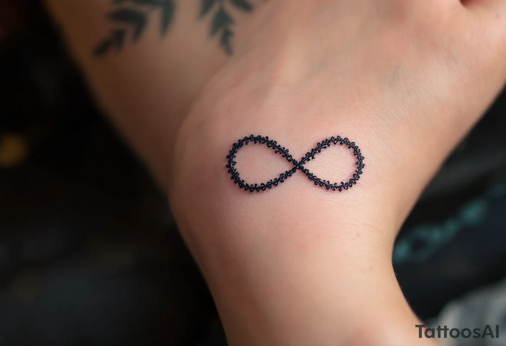 A lace-textured infinity outline in dark gray, with a soft burgundy heart sewn into the design. tattoo idea