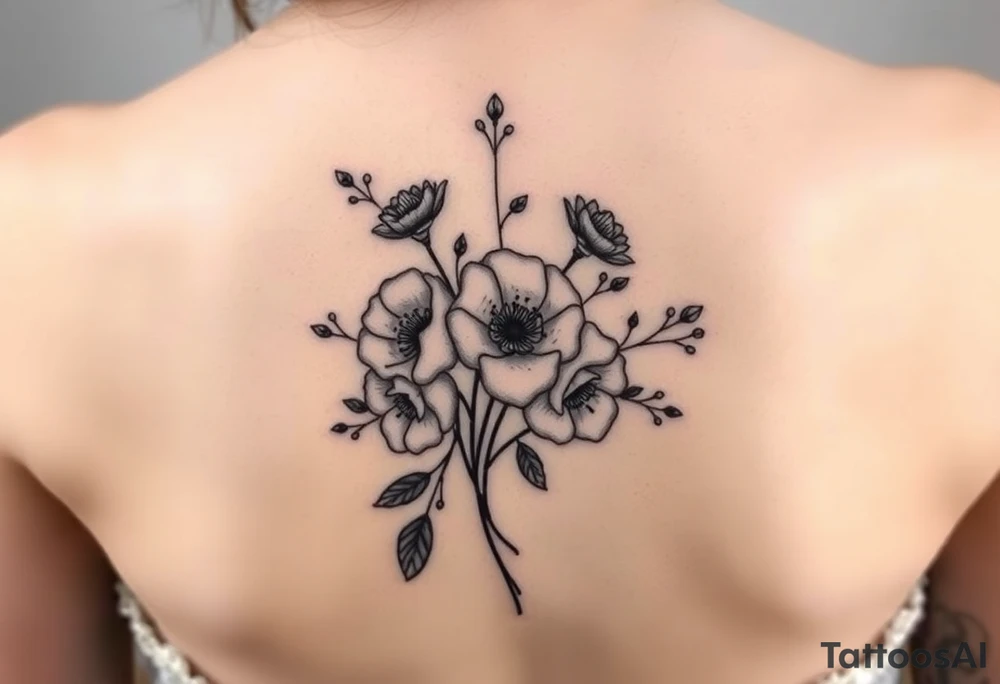 vintage bouquet of wild roses and meadow flowers with morning dew tattoo idea