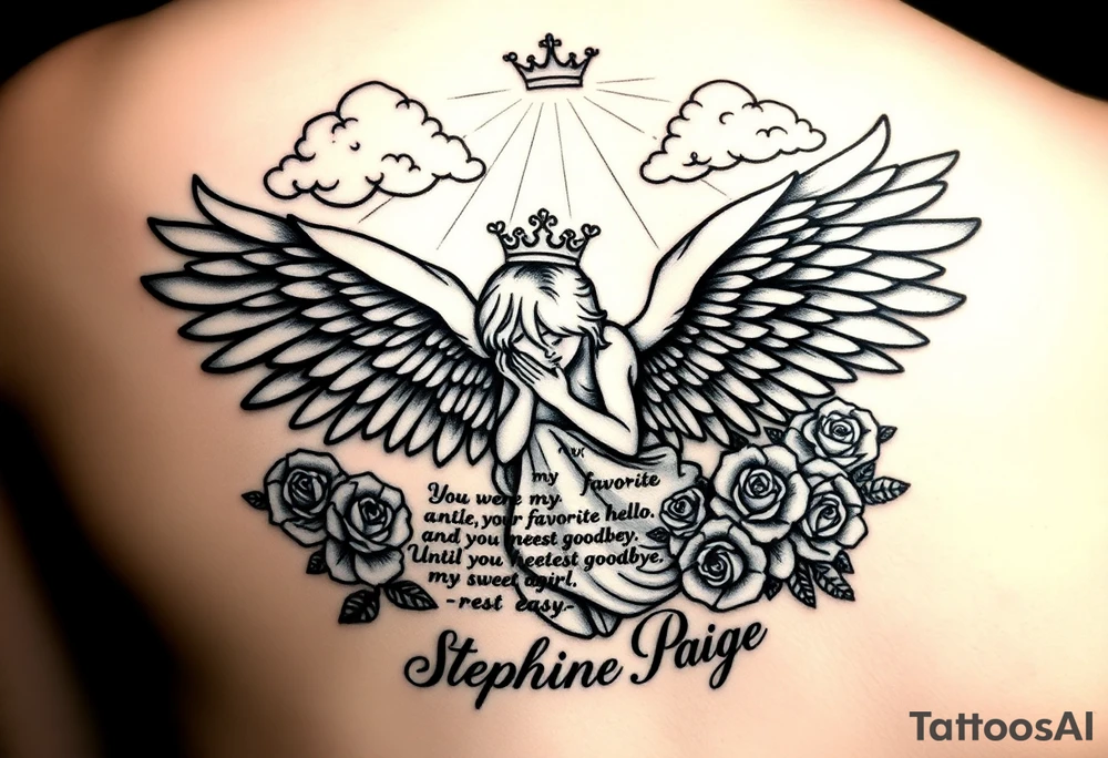 A beautiful memorial tribute tattoo with a fallen angel with big beautiful wings kneeled down crying with roses all around and clouds above and beams of haven shining down. With the saying " You were my favorite hello,and my hardest goodbye.Until we meet again,my sweet girl,rest easy" with the name Stephanie Paige underneath the saying ,all in bold beautiful writing or font. Add a bold crown at the top of it all and any extras you feel would blend or go with this idea. tattoo idea