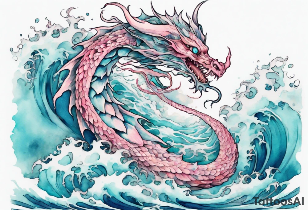 a turquoise and white and pink sea wyrm with beautiful eyes emerging from the blue waves of the ocean tattoo idea