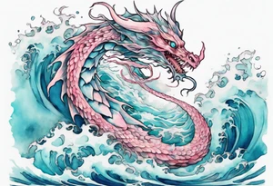 a turquoise and white and pink sea wyrm with beautiful eyes emerging from the blue waves of the ocean tattoo idea