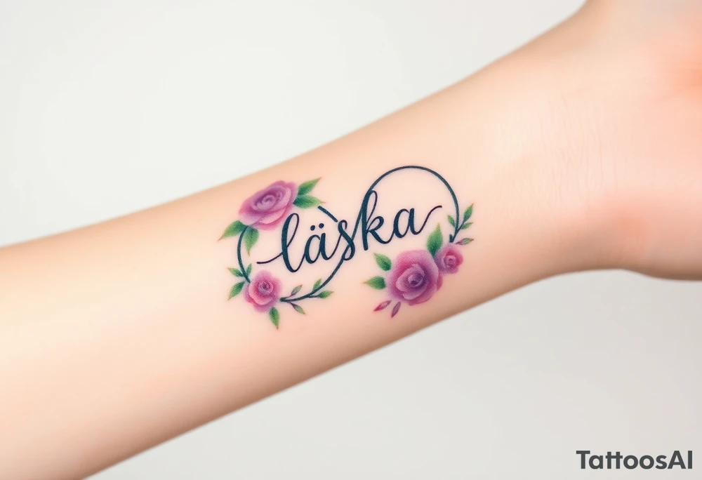 A floral infinity symbol in soft lavender and green, with word "láska" seamlessly entwined between delicate blooming roses tattoo idea