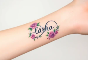 A floral infinity symbol in soft lavender and green, with word "láska" seamlessly entwined between delicate blooming roses tattoo idea