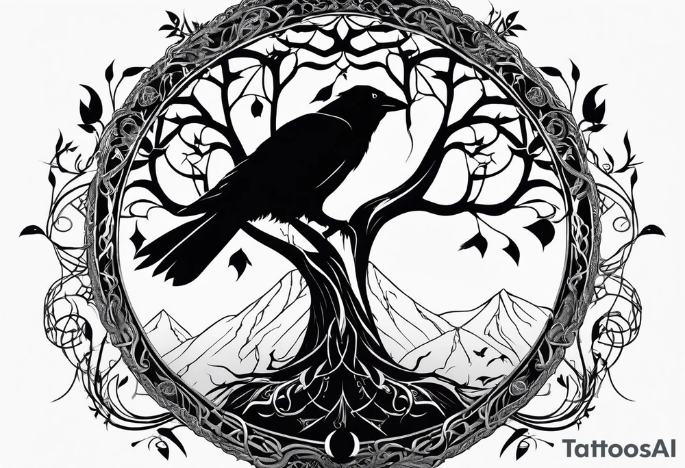 yggdrasil with a cat and a raven and knotwork tattoo idea
