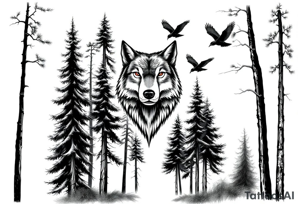 Densely wooded area with tall pine trees with a large wolf head hovering in the foreground looking straight forward, and four ravens flying overhead tattoo idea