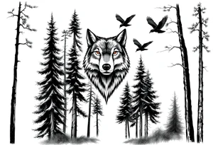 Densely wooded area with tall pine trees with a large wolf head hovering in the foreground looking straight forward, and four ravens flying overhead tattoo idea
