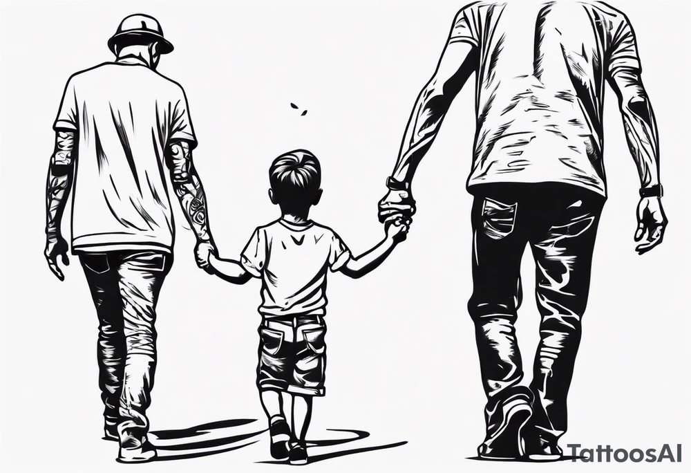 father and son walk away holding hands, just a contour tattoo idea
