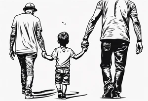father and son walk away holding hands, just a contour tattoo idea