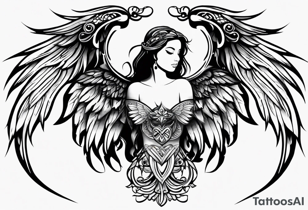 Simple tattoo with the word Glenn on a banner and angel wings tattoo idea