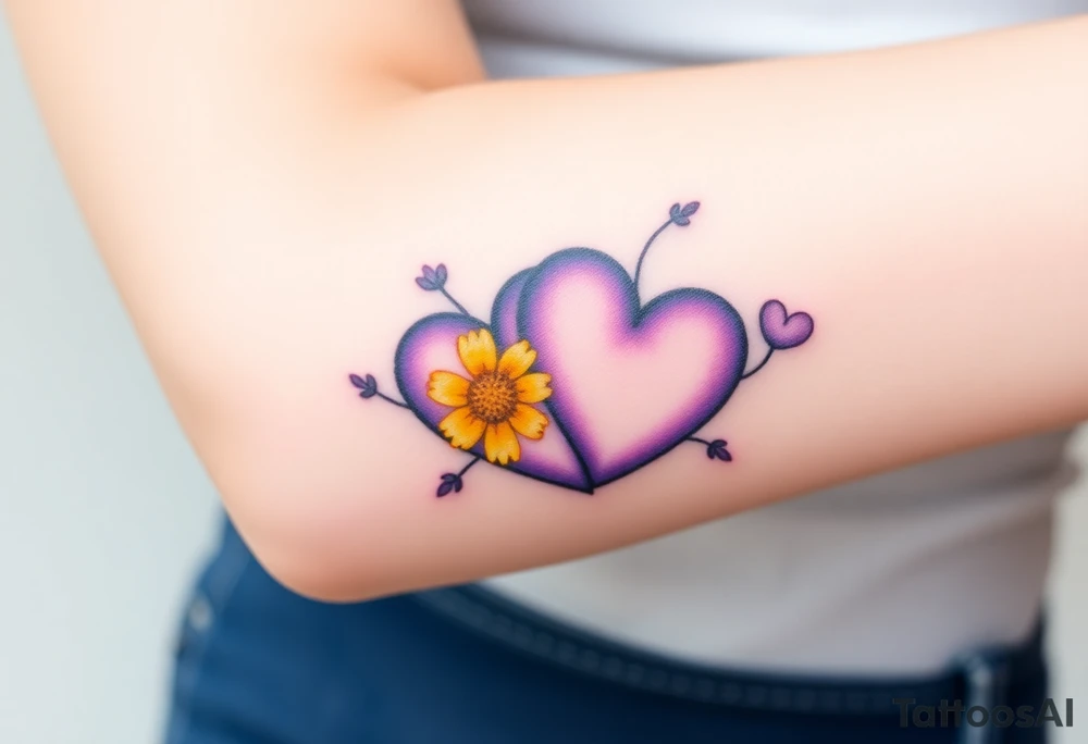 simple with Purple Hearts with yellow daisy. tattoo idea