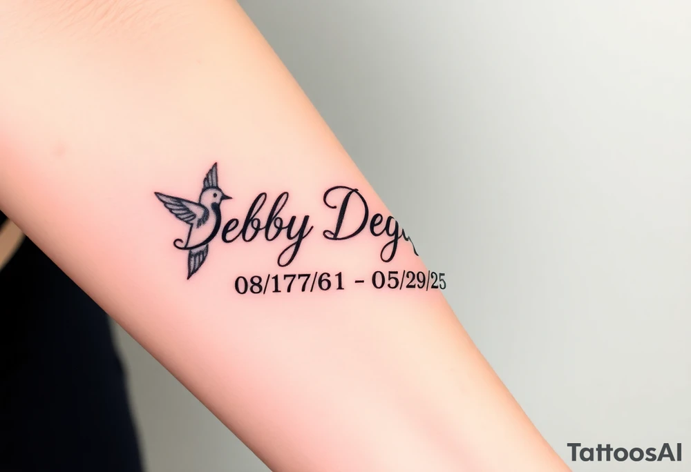 Tattoo of the exact name Debby Deguzman in chunky curly cursive with the exact dates of 08/17/61-05/29/25 surrounded by 1 hummingbird and 1 rose tattoo idea
