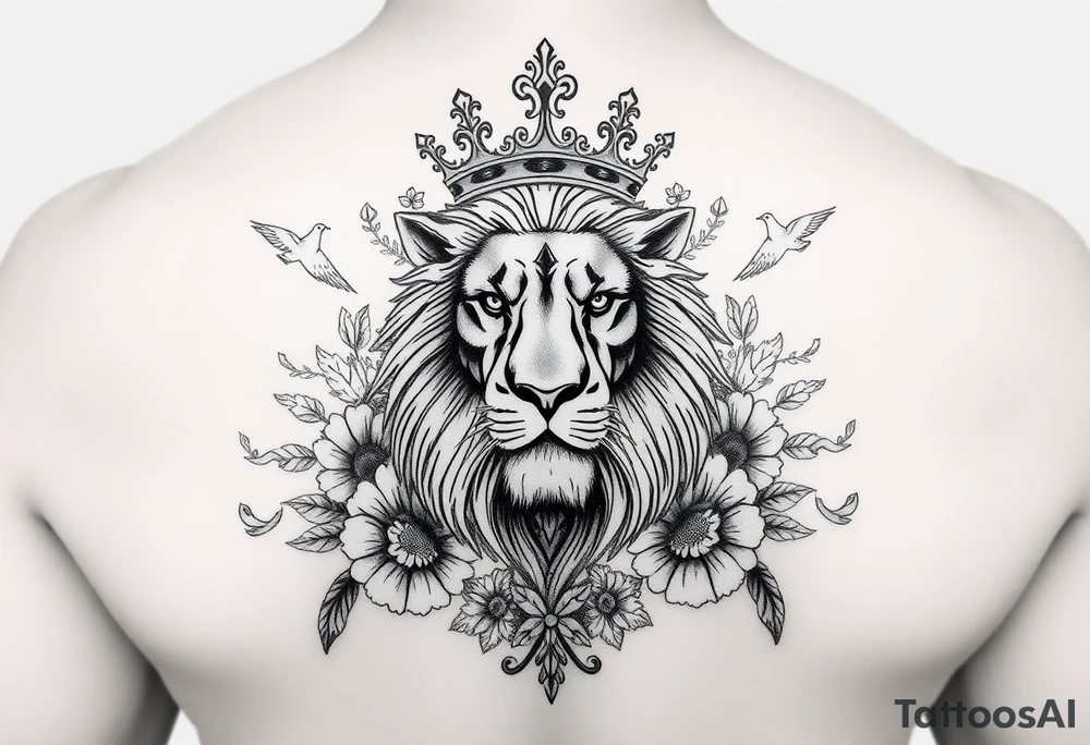 powerful majestic lion with a crown, surrounded by floral ornaments and birds tattoo idea