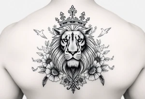 powerful majestic lion with a crown, surrounded by floral ornaments and birds tattoo idea