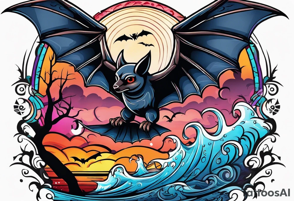 Colorful Mexican hieroglyph with bats and water tattoo idea