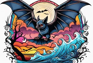 Colorful Mexican hieroglyph with bats and water tattoo idea