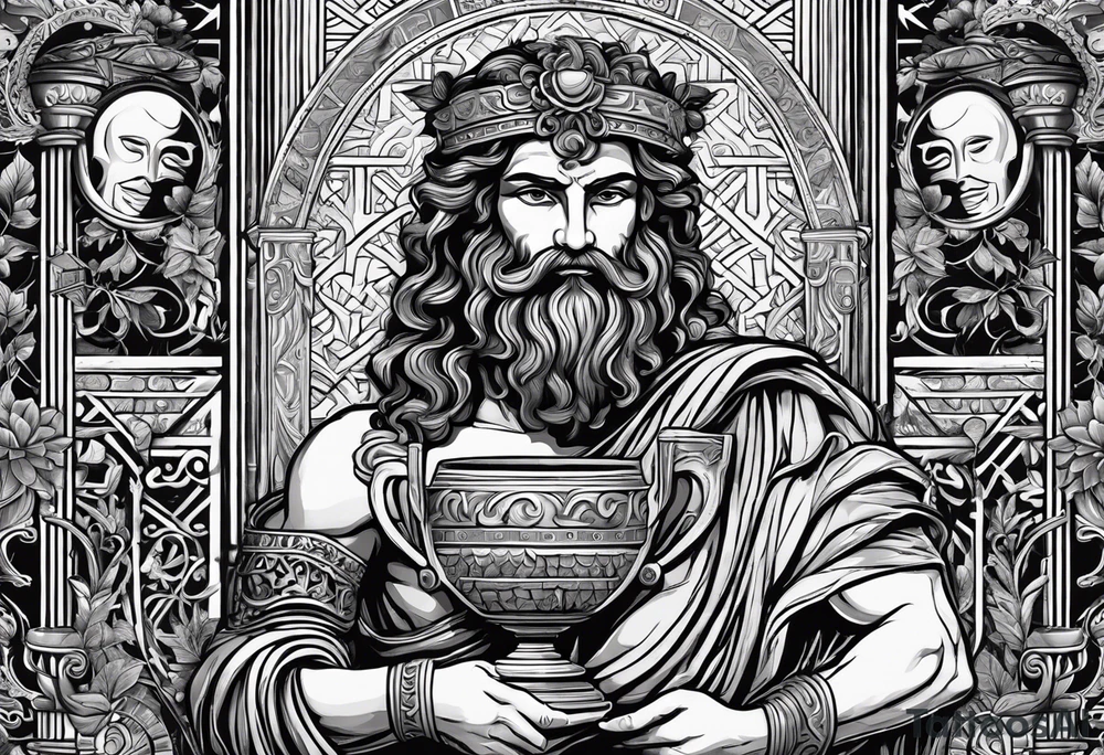 greek god dionysus holding a theatre mask and a goblet of wine. Surrounded by ancient greek geometrical patterns tattoo idea