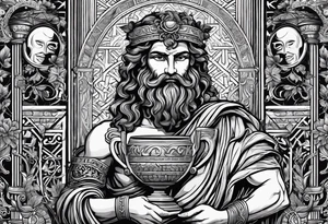 greek god dionysus holding a theatre mask and a goblet of wine. Surrounded by ancient greek geometrical patterns tattoo idea