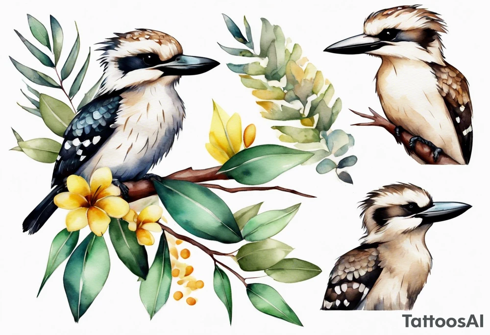 Small kookaburra with eucalyptus leaves and wattle leaves tattoo idea