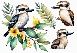 Small kookaburra with eucalyptus leaves and wattle leaves tattoo idea