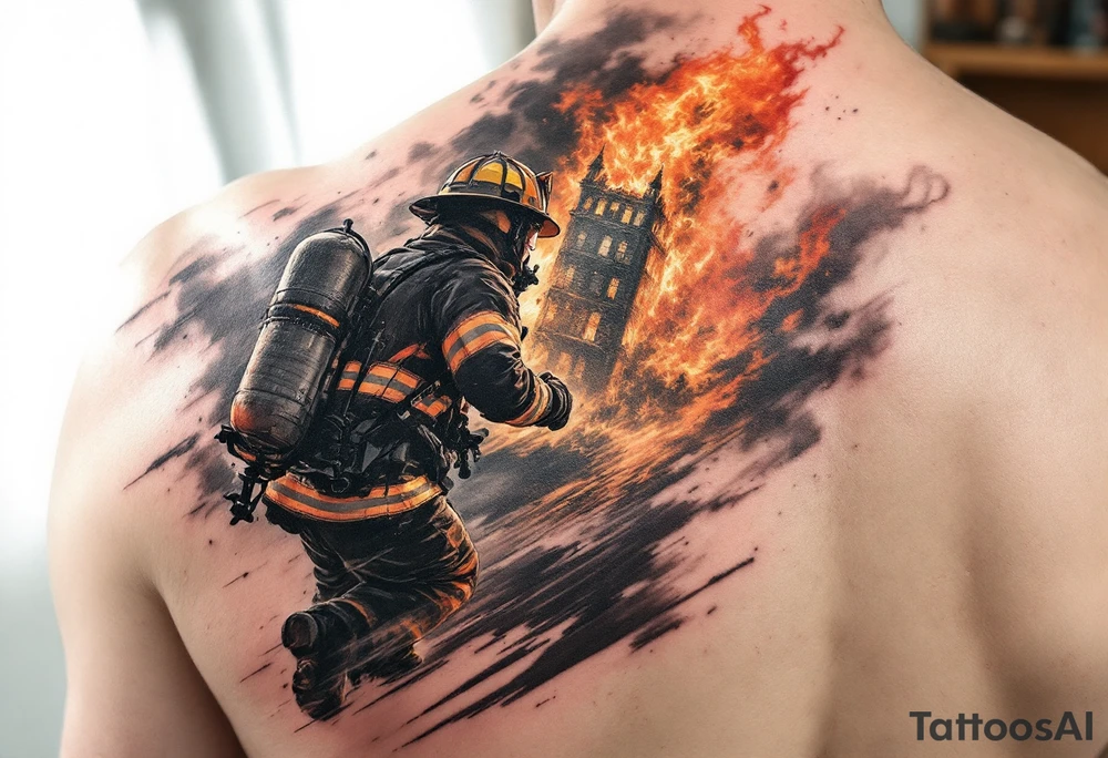 A firefighter running towards a burning building, with dramatic shading in deep oranges, blacks, and grays. tattoo idea