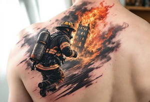 A firefighter running towards a burning building, with dramatic shading in deep oranges, blacks, and grays. tattoo idea