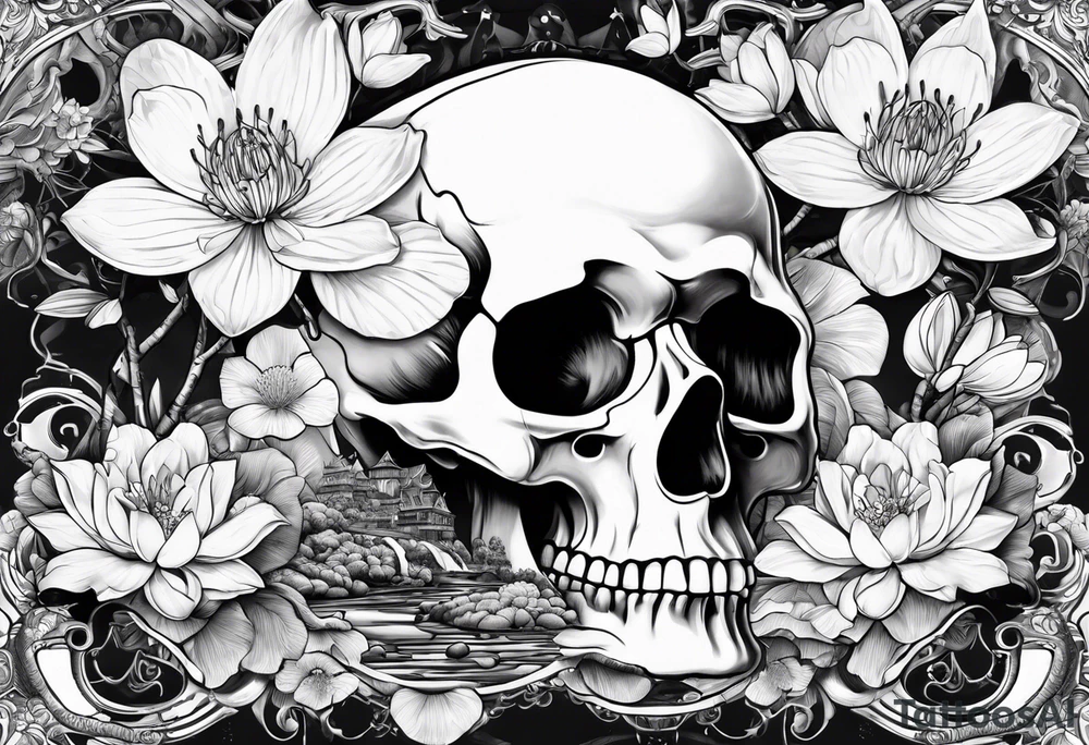 skulls, cherry blossoms, water lily, roller coaster track, chemistry tattoo idea