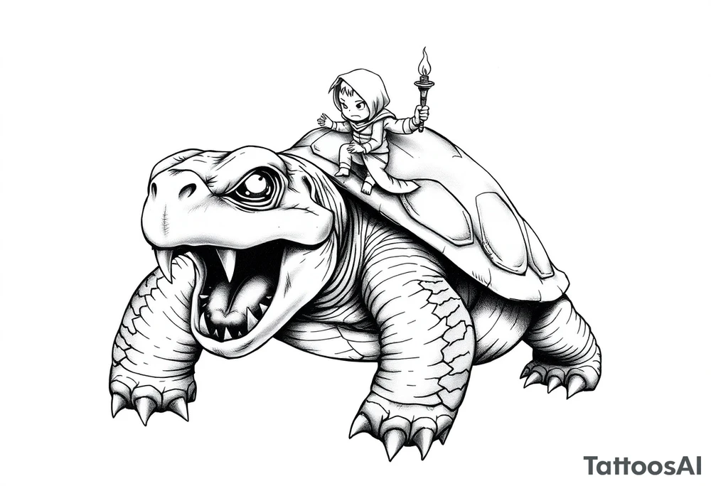 powerful and angry turtle with huge teeth and a tiny person who is very upset riding on the back holding a torch tattoo idea