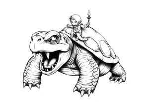 powerful and angry turtle with huge teeth and a tiny person who is very upset riding on the back holding a torch tattoo idea