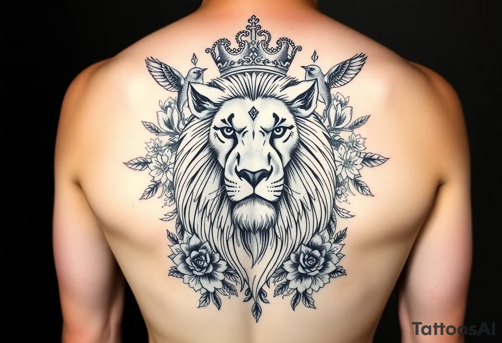 powerful majestic lion with a crown, surrounded by floral ornaments and birds tattoo idea