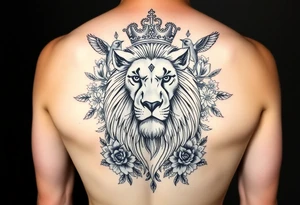 powerful majestic lion with a crown, surrounded by floral ornaments and birds tattoo idea
