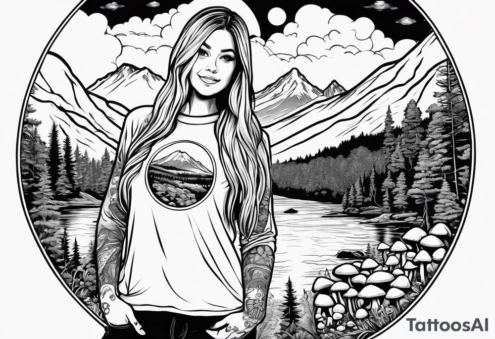 Whole picture encircled fully

Straight long blonde hair hippie girl in distance holding mushrooms in hand facing away toward mountains and creek surrounded by mushrooms long sleeve shirt and hiking pants; whole rendering within a full circle, no cut off circle tattoo idea