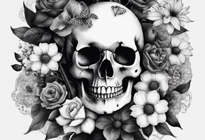 Flowers, potions, small skull, big flowers small snack with dot work in between tattoo idea