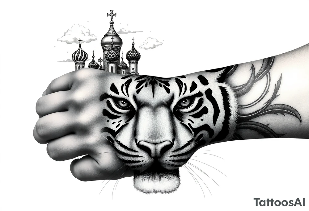 Realistic tiger face on the back of the hand with strong contrast and fine detail with hollow black eyes. with a highly detailed Russian Orthodox cathedral sitting above on fore arm with onion domes and orthodox crosses, done in fine line, engraving-like style. Cohesive composition, black ink only, no color, high contrast, slightly aged, documentary-style, plain light background. with clouds above and a virgin mary 
spanning from my hand to lower fore arm tattoo idea