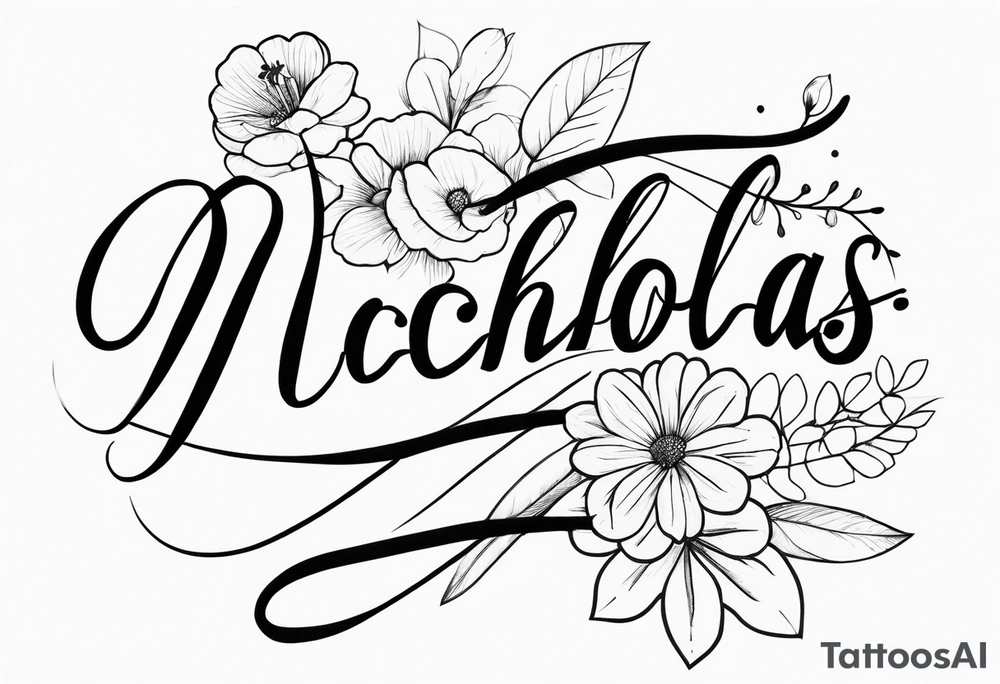 Nicholas written in cursive with flowers tattoo idea