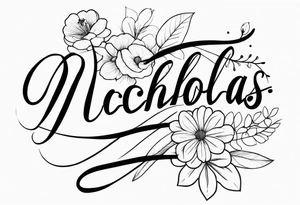 Nicholas written in cursive with flowers tattoo idea