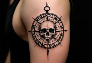 A muted sepia compass pointing to a skull instead of north, with "memento mori" curving around the outer ring. tattoo idea