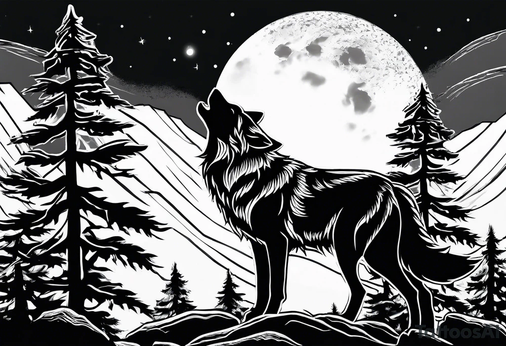Wolf on top of a rock howling at the full moon, surrounded by trees tattoo idea