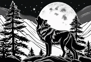 Wolf on top of a rock howling at the full moon, surrounded by trees tattoo idea