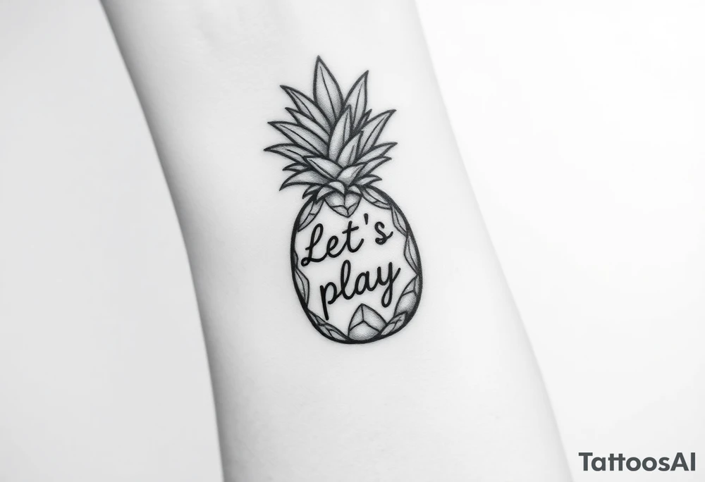 A black ink wrist tattoo featuring a realistic yet minimalistic pineapple. The pineapple is finely detailed with clean, precise lines, capturing the natural texture of the fruit while keeping the design subtle and uncluttered. Inside the body of the pineapple, the phrase "Let's play" is clearly placed in a bold but not overly thick font, ensuring readability while maintaining balance with the overall design. The leaves of the pineapple have a fine-line style with slight variations in thickness for a natural feel. The tattoo blends fine details with subtle bold elements, creating a clean and modern aesthetic. tattoo idea