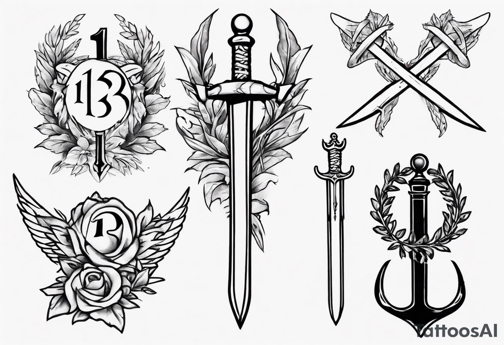 memorial tattoo using the number 13, a sword, a laurel leaf wreath, and amor fati tattoo idea