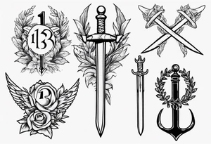 memorial tattoo using the number 13, a sword, a laurel leaf wreath, and amor fati tattoo idea