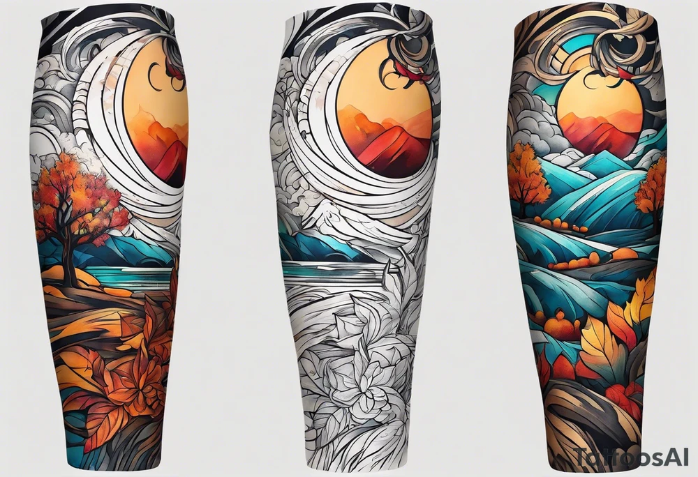 Arm Sleeve Tattoo with fall colors flat tattoo idea