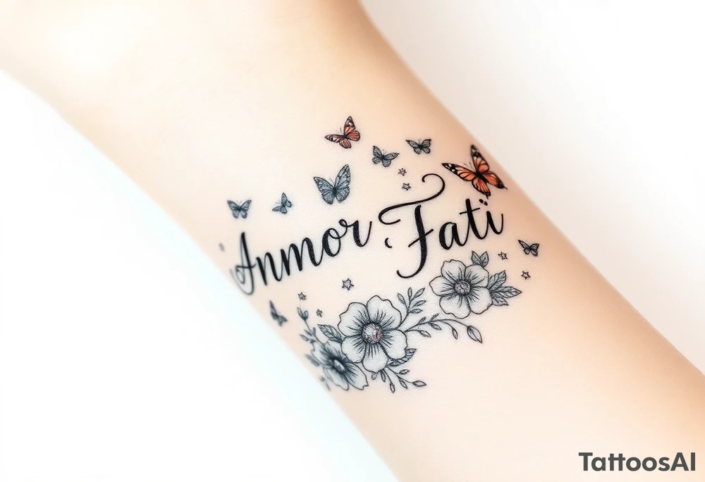 “Amor Fati” with small colorful flowers and birds and butterflies tattoo idea