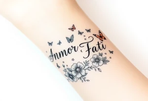“Amor Fati” with small colorful flowers and birds and butterflies tattoo idea