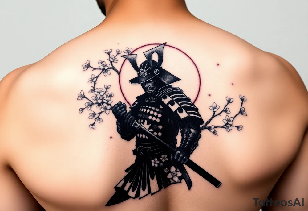 noble samurai warrior silhouette at sunset with cherry blossoms tattoo idea