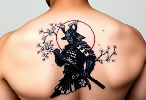 noble samurai warrior silhouette at sunset with cherry blossoms tattoo idea