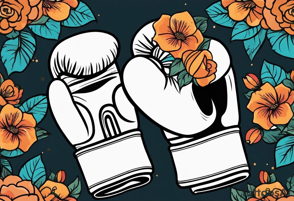 boxing gloves and flowers around the gloves  bold colors traditional old school vintage tattoo idea