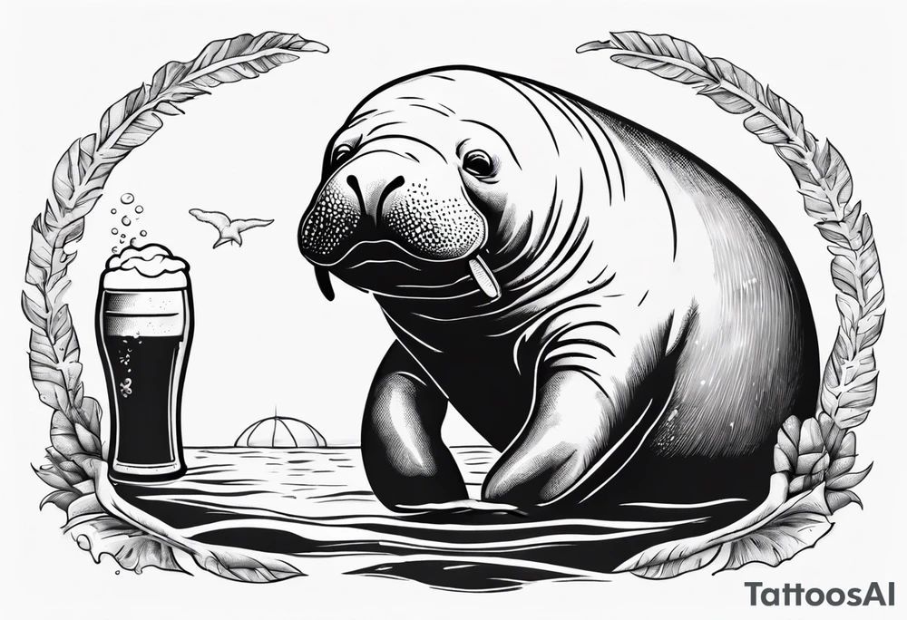 a manatee drinking beer while chilling on the beach tattoo idea